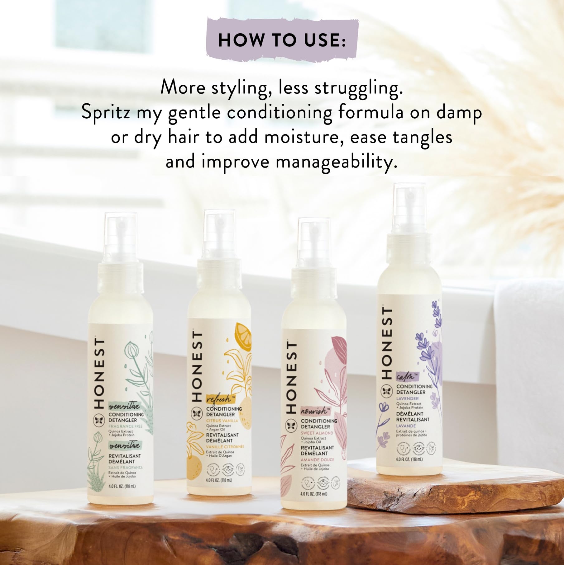 The Honest Company Conditioning Hair Detangler | Leave-In Conditioner + Fortifying Spray | Tear-Free, Cruelty-Free, Hypoallergenic | Lavender Calm, 4 Fl Oz